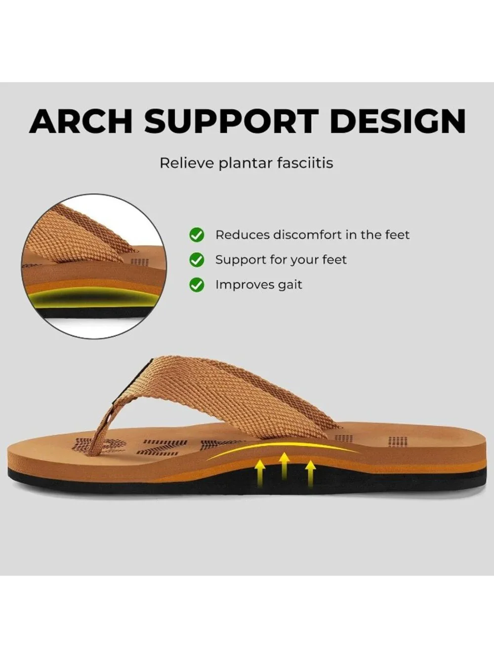 Men's Light Brown Flip Flops With Arch Support Summer Outdoor Beach Sandals